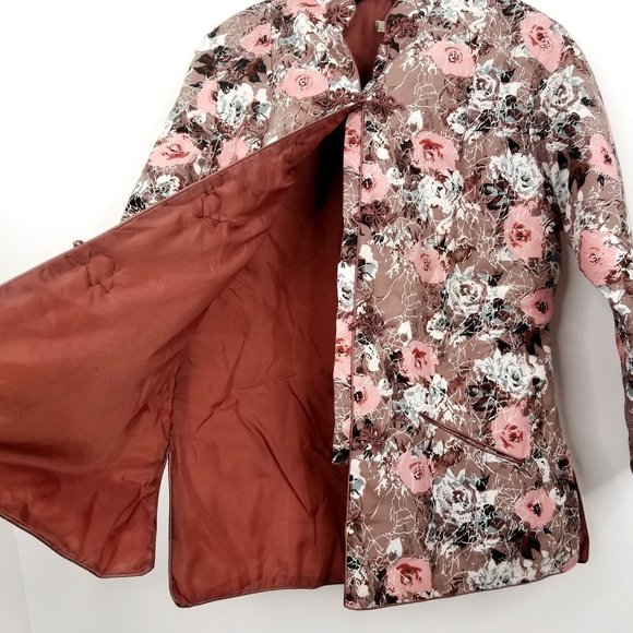 Vintage Asian Jacket Top Taupe Pink Floral Pockets - Picture 4 of 7